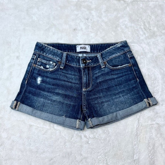 PAIGE JIMMY JIMMY Short Cuffed Boyfriend Size 24 Atticus Dark Wash Distressed - Picture 2 of 4